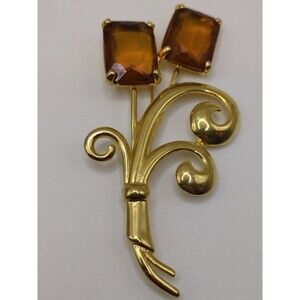 Vintage Nolan Miller Glamour Collection Gold Tone Amber Rhinestone Flower Brooch